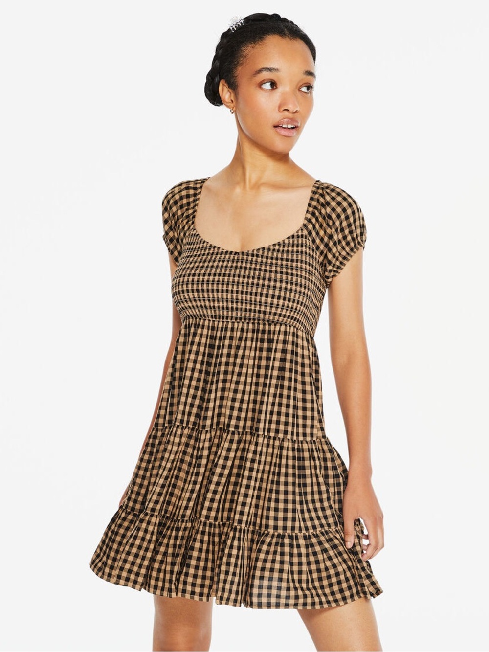 Aeropostale Gingham Scoop-Neck Smocked Babydoll Dress Womens Size XS